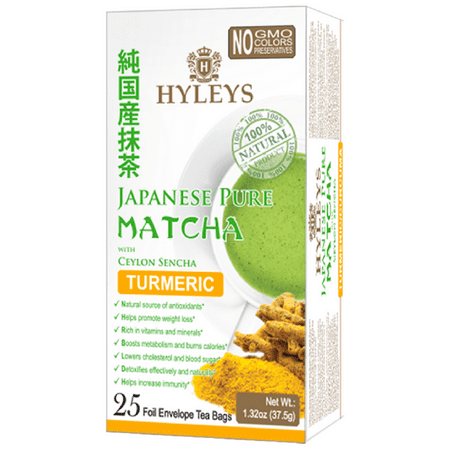 Hyleys Japanese Pure Matcha Tea with Ceylon Sencha, Turmeric Flavor 25 Teabags 100% Natural