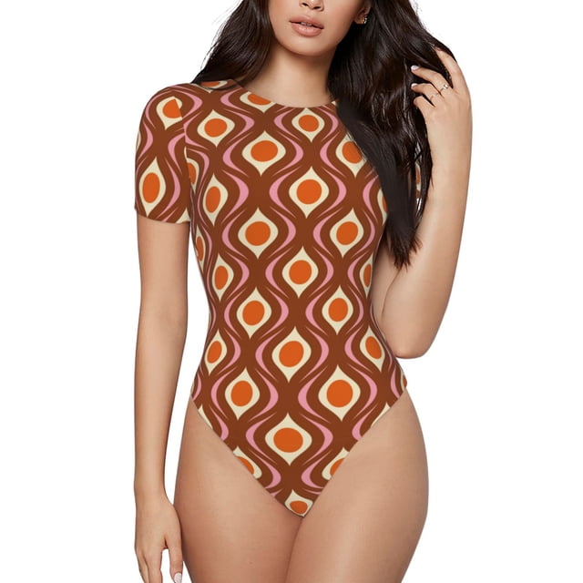 Balery 70's Retro Body de cuello redondo de manga corta para mujer Tops de manga corta Tops básicos-Medium