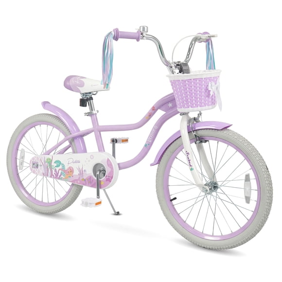 Gymax 20'' Girls Bike w/Removable Basket Streamers Hand Brake & Coaster Brake Saddle Purple