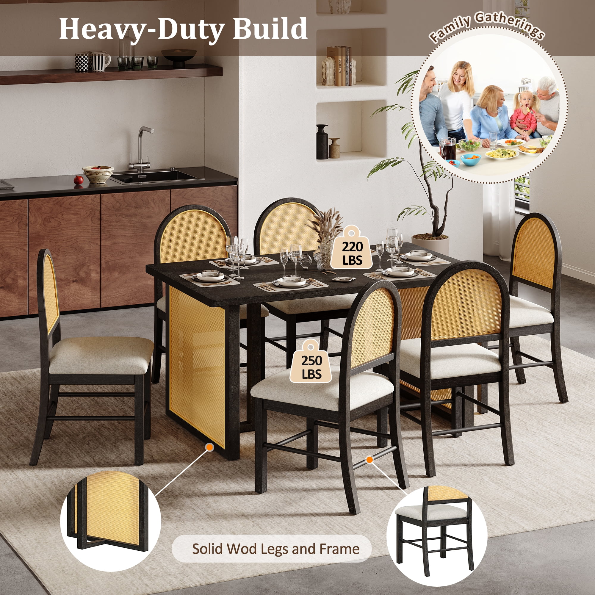 HOQBN Farmhouse 7 Piece Dining Table Set for 6,59.8" Rectangular Dining Table with Distressed Oak Veneer and 6 Rattan Chairs, Rustic Kitchen Furniture for Dining Room,Beige