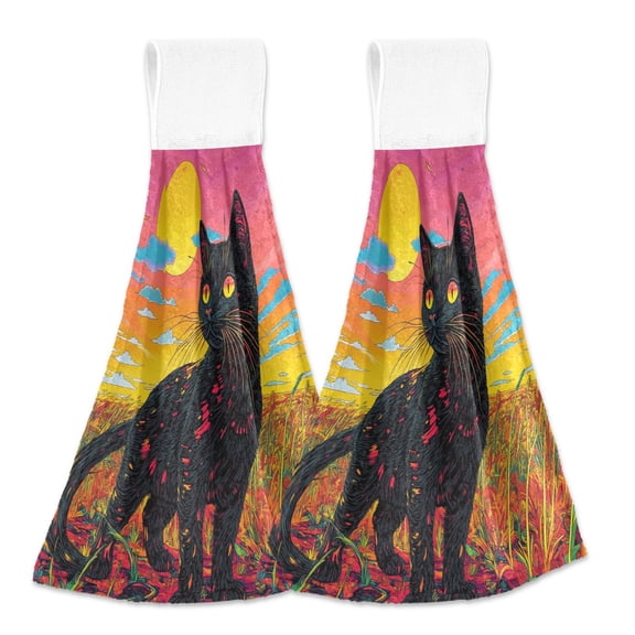 BZSMCE Hanging Hand Towels Fashion Vibrant Feline Dreams Pattern 2-Pack - Velcro Style Bathroom Kitchen Towels