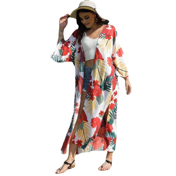 Jesscasday Women 3/4 Sleeve Long Kimono Cardigan Floral Leaves Print Beach Split Cover Up