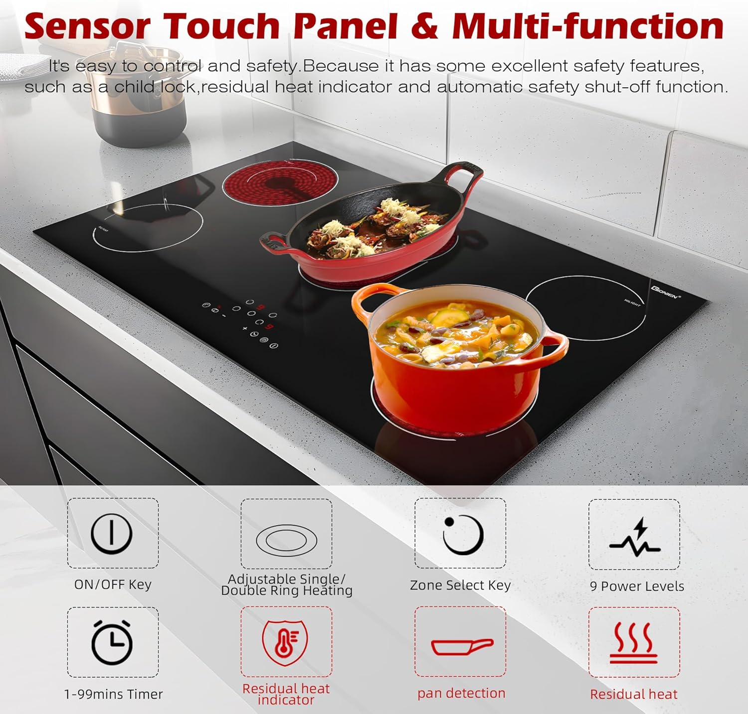 GIONIEN 36 Inch Electric Cooktop, 8400W Built-in Ceramic Stove with 5 Burners & Double Ring Zones, 220~240V Hardwired Drop-in Electric Stove Top, Touch Control, 9 Power Levels, Timer, Child Lock