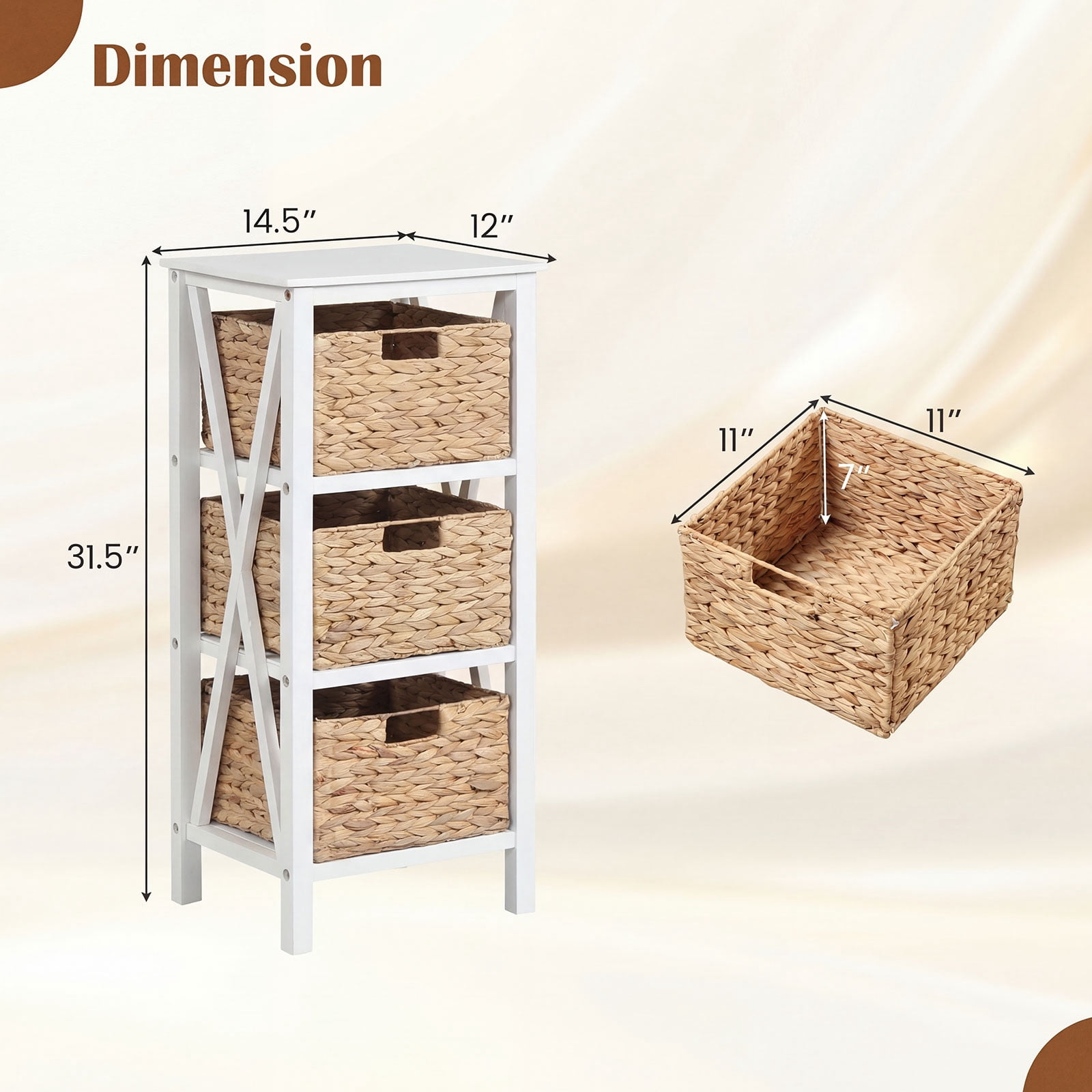 Costway 2PCS 4-Tier Nightstand with 3 Seagrass Baskets, Acacia Wood Legs for Living Room White & Natural