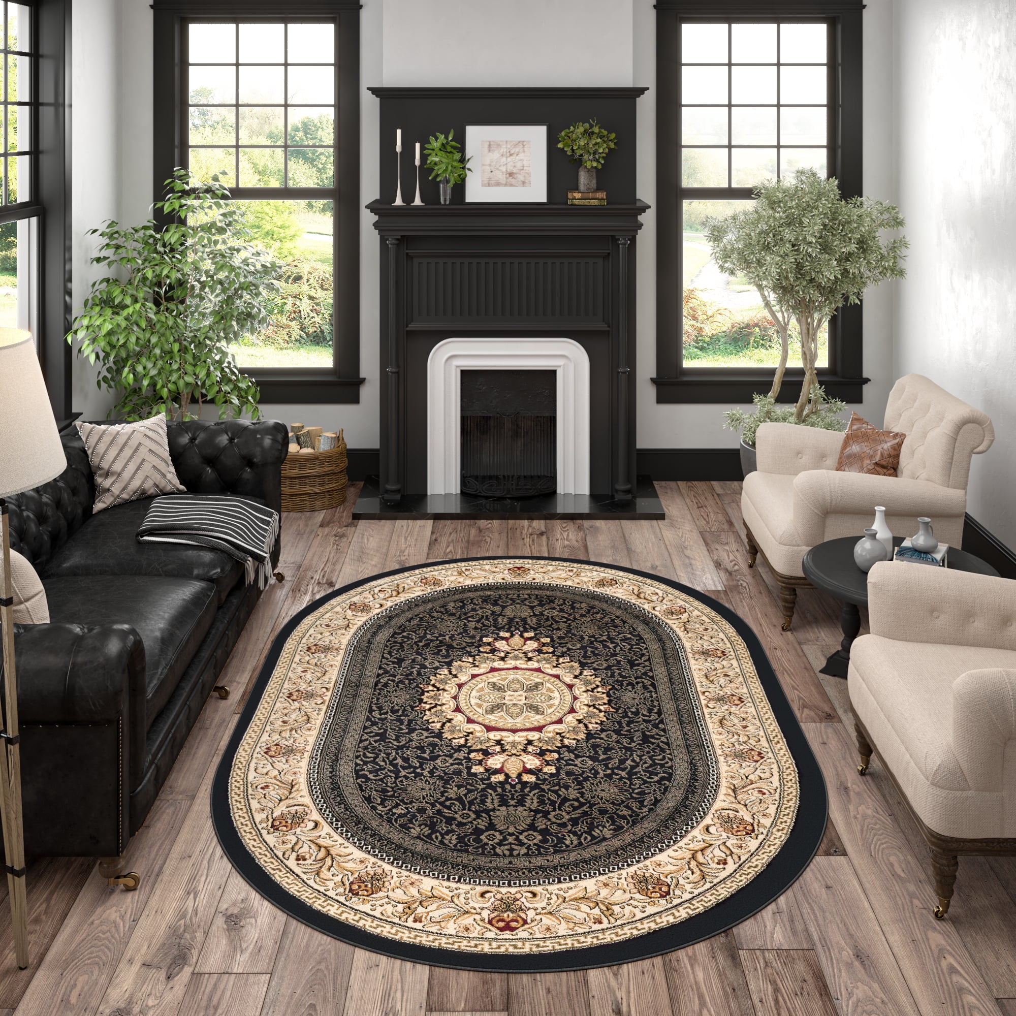 Traditional Area Rug (5'3'' x 7'3'' Oval) Oriental Black, Beige Living Room Easy to Clean