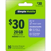 Simple Mobile $30 Unlimited Talk & text 30-Day Prepaid Plan (20GB at high speeds) + International Calling Credit e-PIN Top Up (Email Delivery)