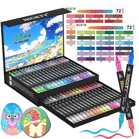 Marcadores de Pintura Acrílica NICETY 72 Colores con Punta Doble y 36 Pinceles