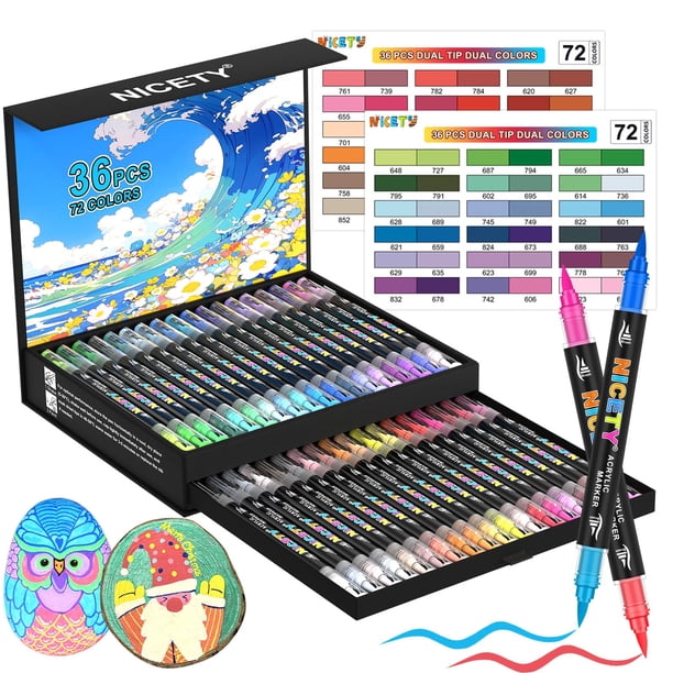 Marcadores de Pintura Acrílica NICETY 72 Colores con Punta Doble y 36 Pinceles