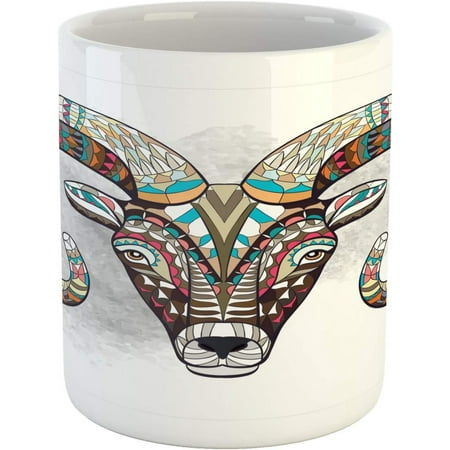 

Goat Mug Colorful Ornamented Head of Goat Totem Tattoo Inspired Design Printed Ceramic Coffee Mug Water Tea Drinks Cup Multicolor