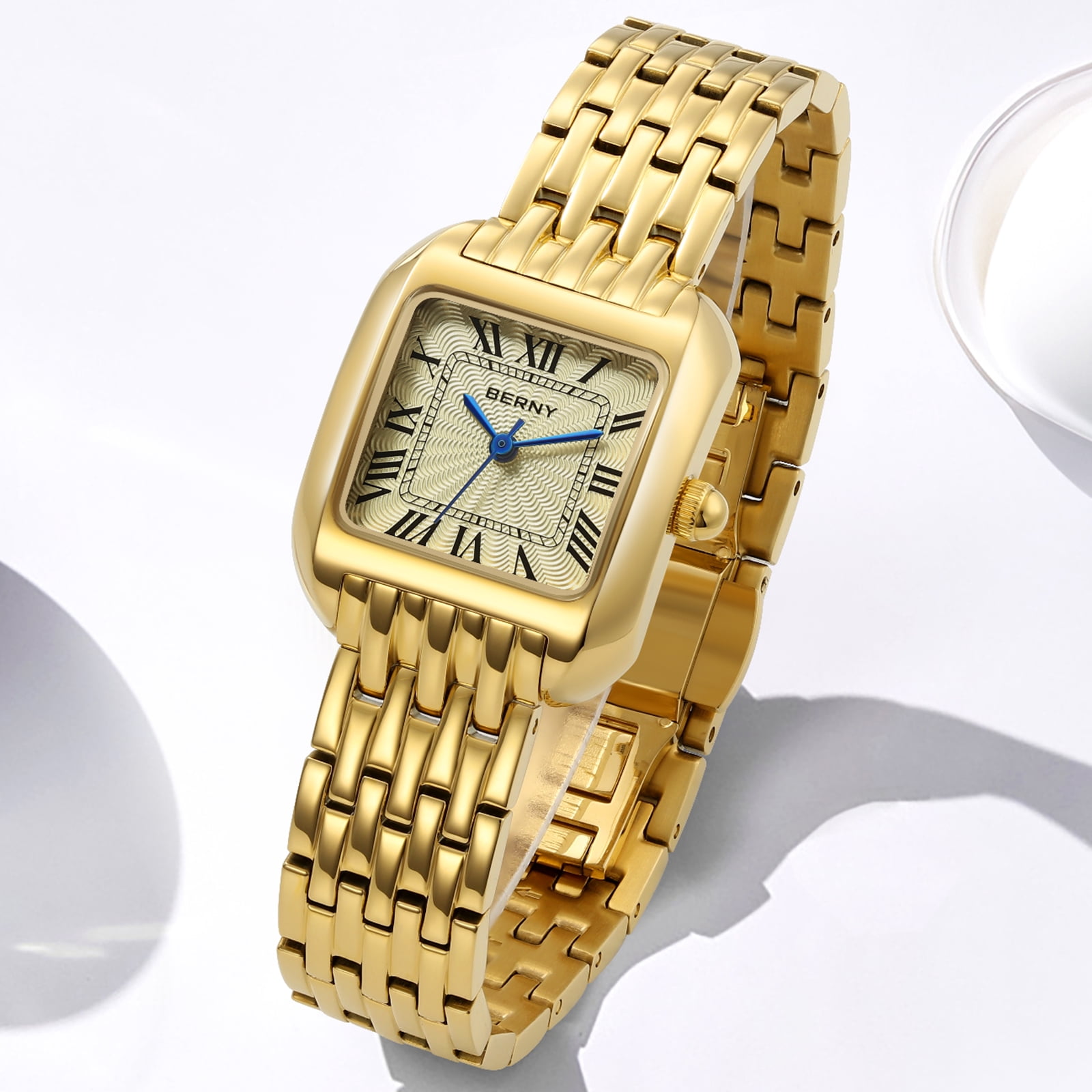 BERNY Gold Watches for Women, Square Dainty Ladies Analog Quartz Watch with Roman Numeral, Stainless Steel Bracelet Watch, Classic Waterproof Women Wristwatch Gift, Gold