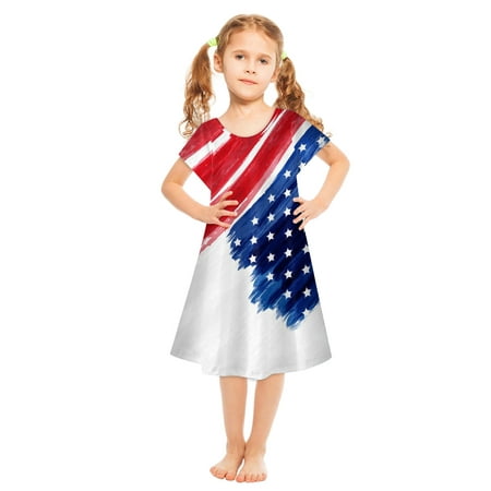 

Odeerbi 4th of July Patriotic Summer Dress for Girls Stars and Stripes Dress Toddler Kids Independence Day Print Fashion Short Sleeve Cute Dress White