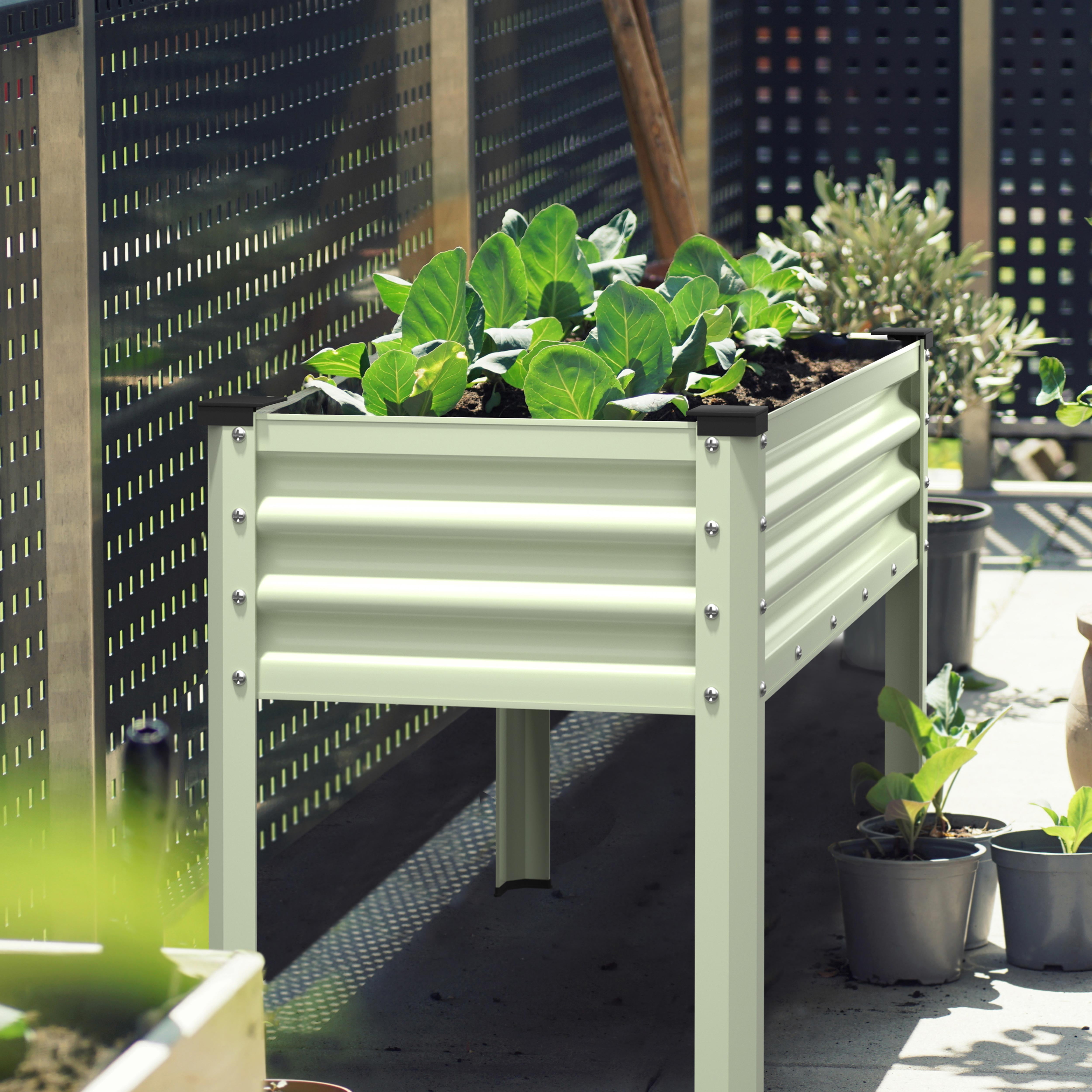 VEIKOUS 48''Lx23''Wx32''H Raised Garden Bed, Steel Planter Box W/Drainage and Detachable Liner, 7.5 Cu Ft Capacity, Cream White