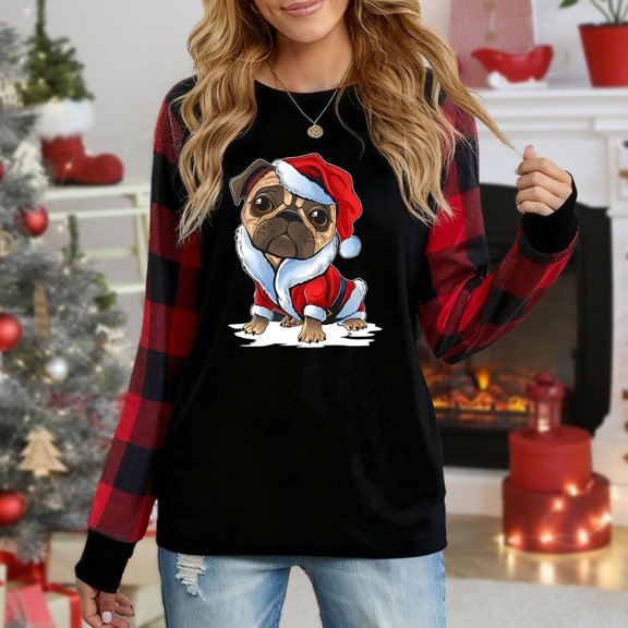 Women's Long Sleeve Christmas Top, Pug Dog In Santa Outfit Graphic Plaid Raglan Sweatshirt