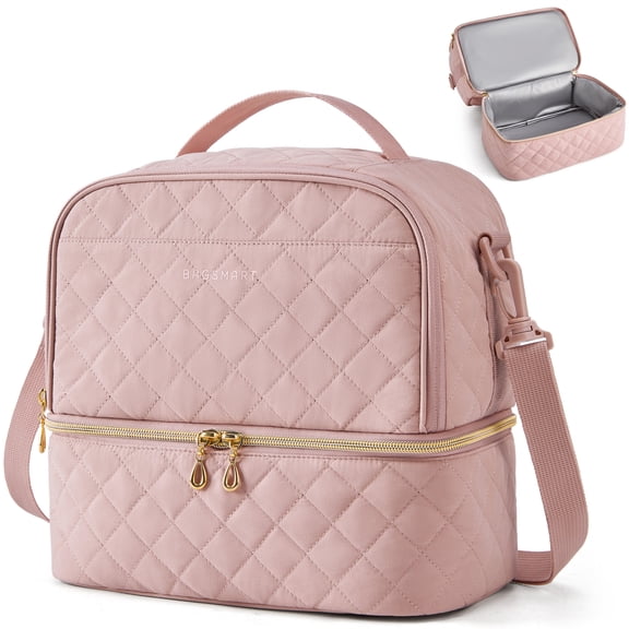 BAGSMART Insulated Lunch Bag Reusable Lunch Box Containers, Tote Cooler Bag with Double Deck & Leakproof Thermal, Shoulder Strap for Men Women, Work School Picnic Beach, Quilted Pink