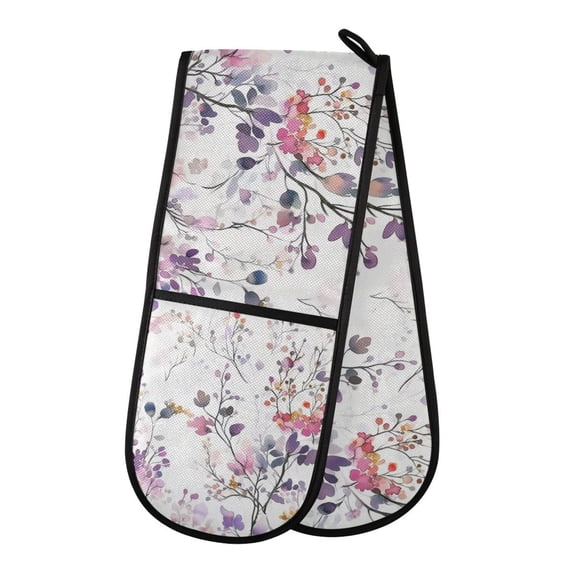 Yayeee Double Oven Mitt Kitchen Heat Resistant Baking 35" x7" Quilted Cotton Glove, Purple Wildflowers