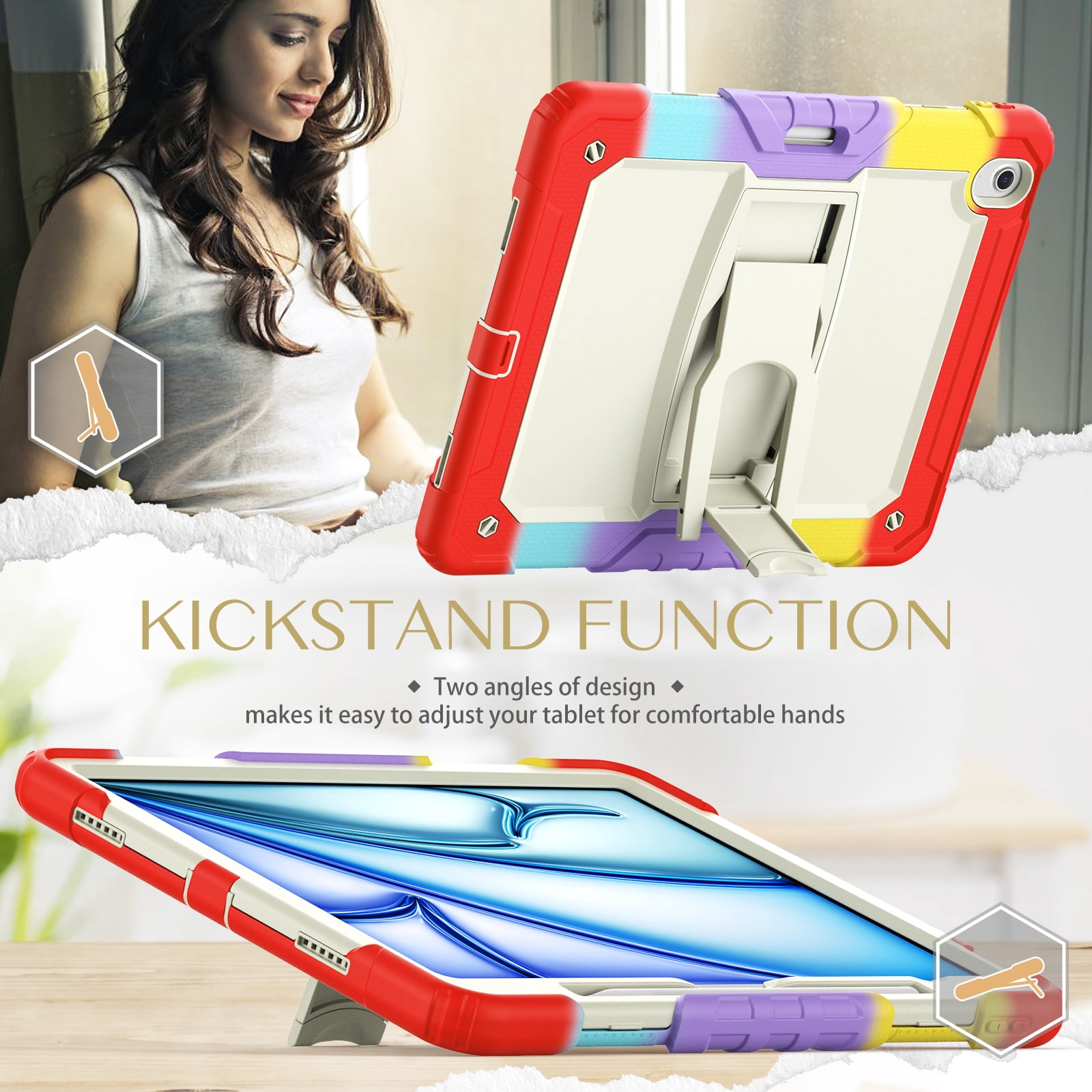 Rugged Case For Apple iPad Air 13 (2024) – 3-Layer Protection Shockproof Stand Cover with Screen Protector, Adjustable Stand, Shoulder Strap, & Pencil Holder -- Colorful Red