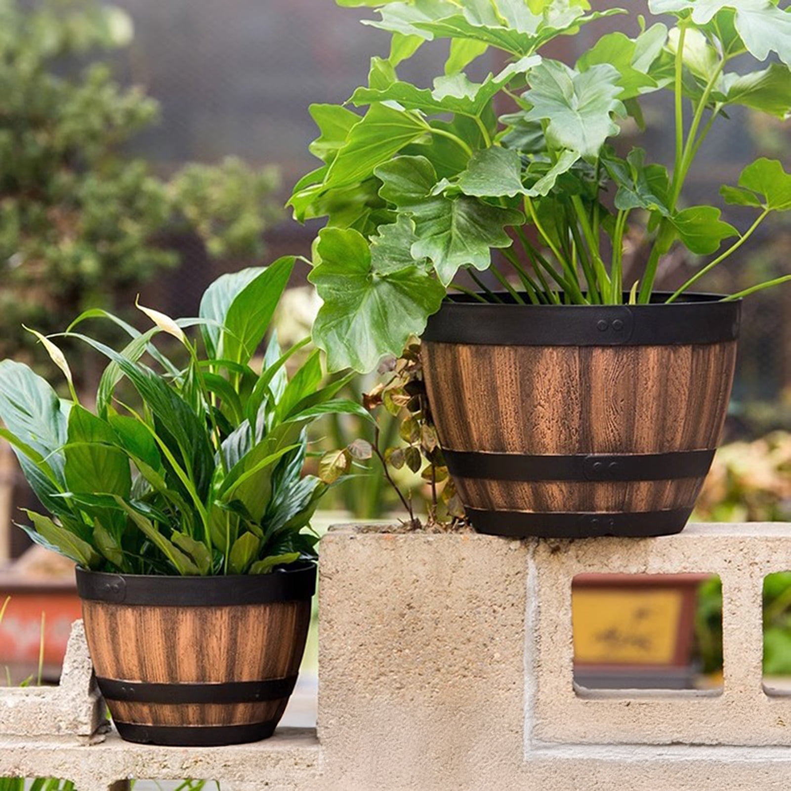 OIUR Large Flower Pot Whiskey Barrel Design Plant Pot with Drainage Holes Saucer Lotus Planter Rustic Garden Pots for Herbs Outdoor Planting