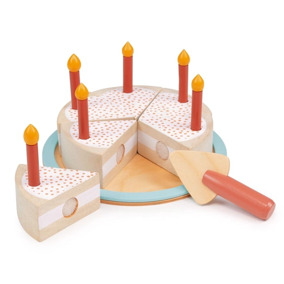 Mentari Party Cake - Pretend Play Food Toy with Candles and Server, Wood, Ages 2