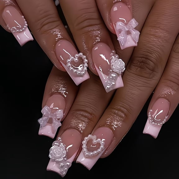 24 Pieces Heart-Shaped White Camellia Press on Nails - Effortless Elegance for Every Occasion