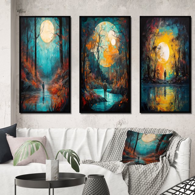 Designart "Forest Wandering Full Moon Magic II" Forest Framed Wall Art Set Of 3 - Blue Traditional Frame Canvas Set For Living Room Decor