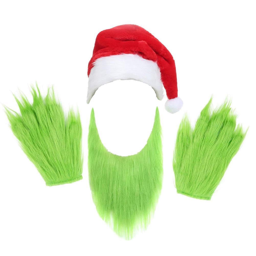 Hazms 4Pack Green Furry Costume Gloves Santa Hat Beard for Adults Cosplay Furry Costume with Red Nose Accessories Halloween Xmas Gifts 