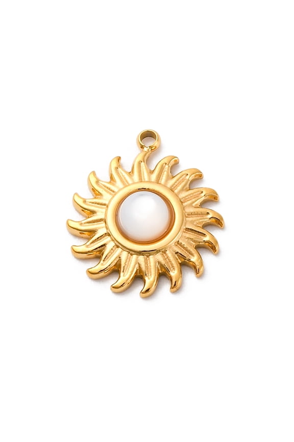 304 Stainless Steel Pave Natural Shell Sun Charms Ion Plating(IP) Real 14K golden Plated 14x12x3.5mm Hole: 1.1mm