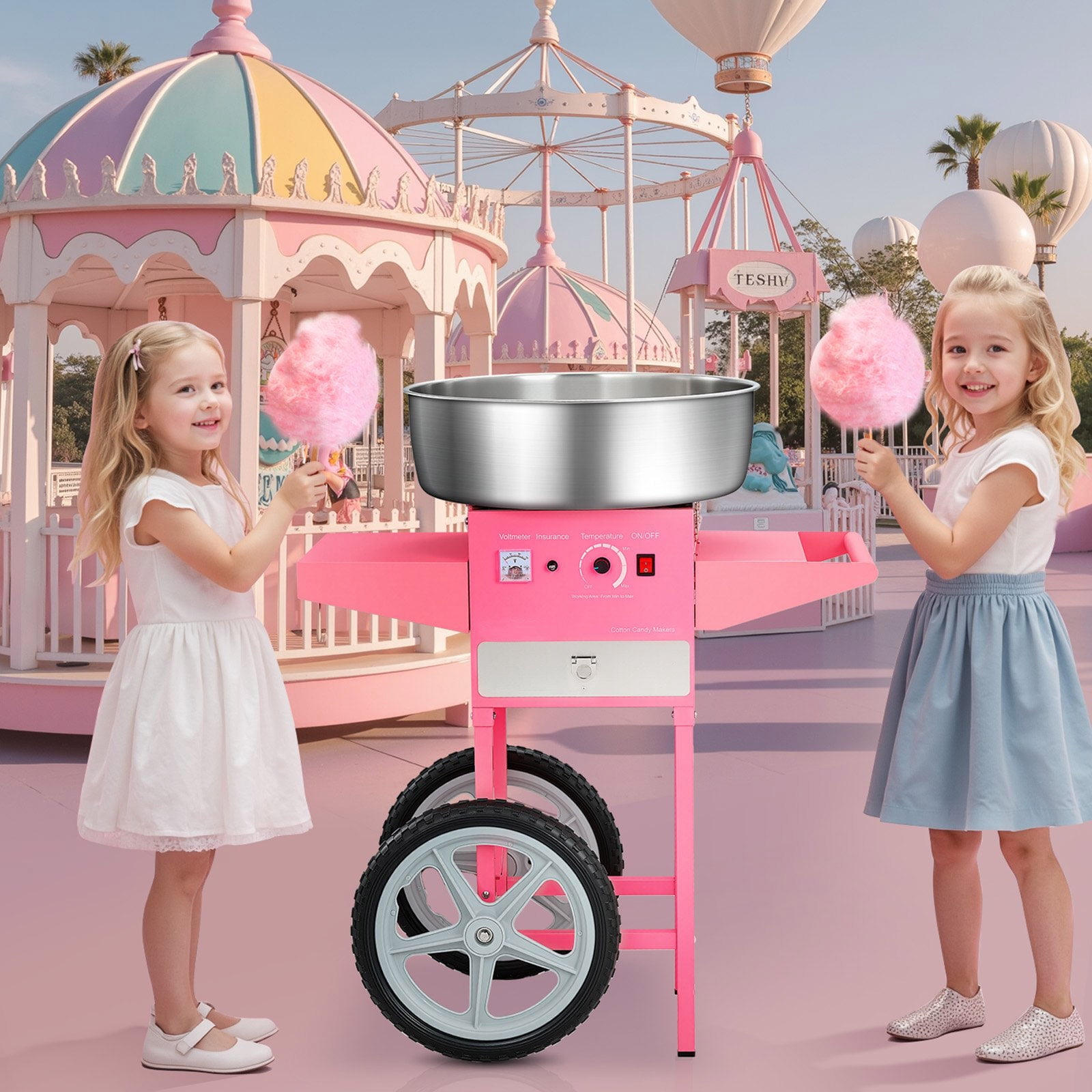 SIHAO Cotton Candy Machine with Cart, 1000W Electric Commercial Candy Floss Maker with 20.5 in Stainless Steel Bowl, Sugar Scoop, and Drawer, for Home, Kids Birthday, Family Party, Pink