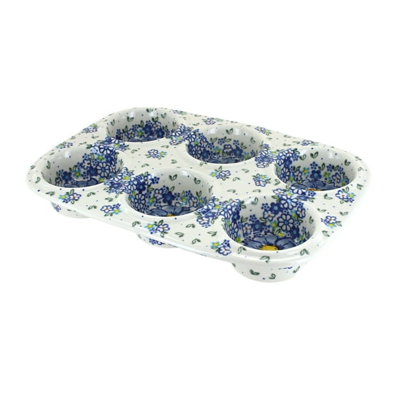 Blue Rose Polish Pottery Blue Starflower Muffin Pan
