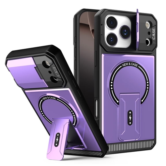 Magnetic For iPhone 17 Pro Max Case Rugged, [Built in Hidden Kickstand] [Compatible with Magsafe] [Military Drop Protection] Camera Lens Cover Shockproof Heavy Duty Phone Case,Purple