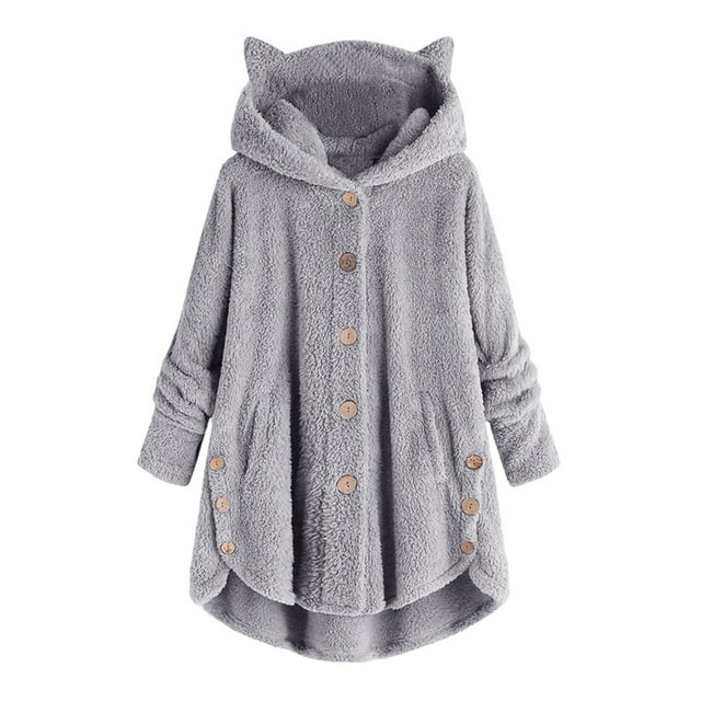 CEHVOM Cardigan à Capuche Boutonné pour Femmes Cat Ears Irrégulier en Peluche Solide
