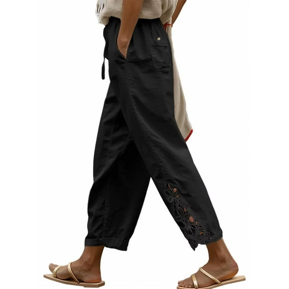 Pantalones Acelit de lino para mujer, cintura elástica, con cordón, color negro