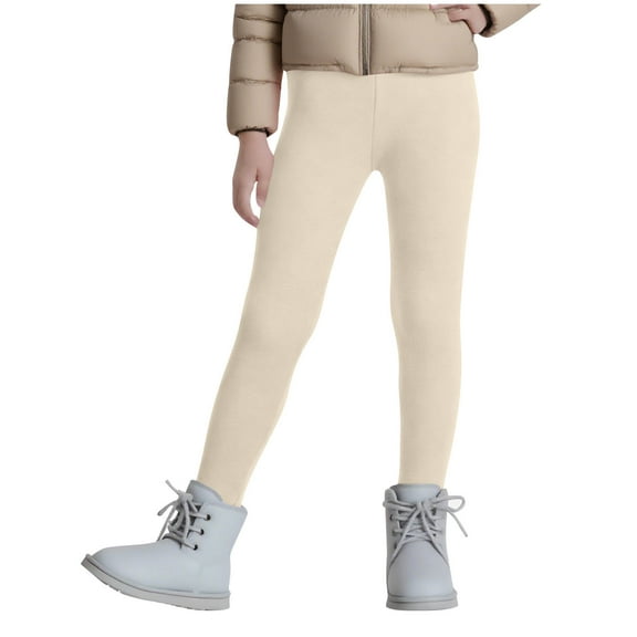 Efsteb Girls Fleece Lined Leggings Thick Winter Warm Pants Solid Color Comfy Thermal Tights Fashion Pants (Beige,4 Years)