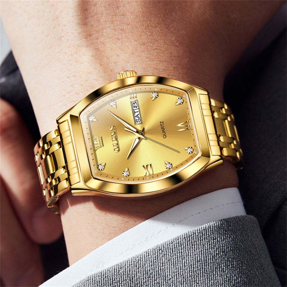 OLEVS Mens Watches Square Business Dress Diamond Analog Quartz Date Luxury Watches for Men Dress Casual Stainless Steel Waterproof Luminous Mens Wrist Watches Gifts Reloj para Hombre Gold/Black Dial