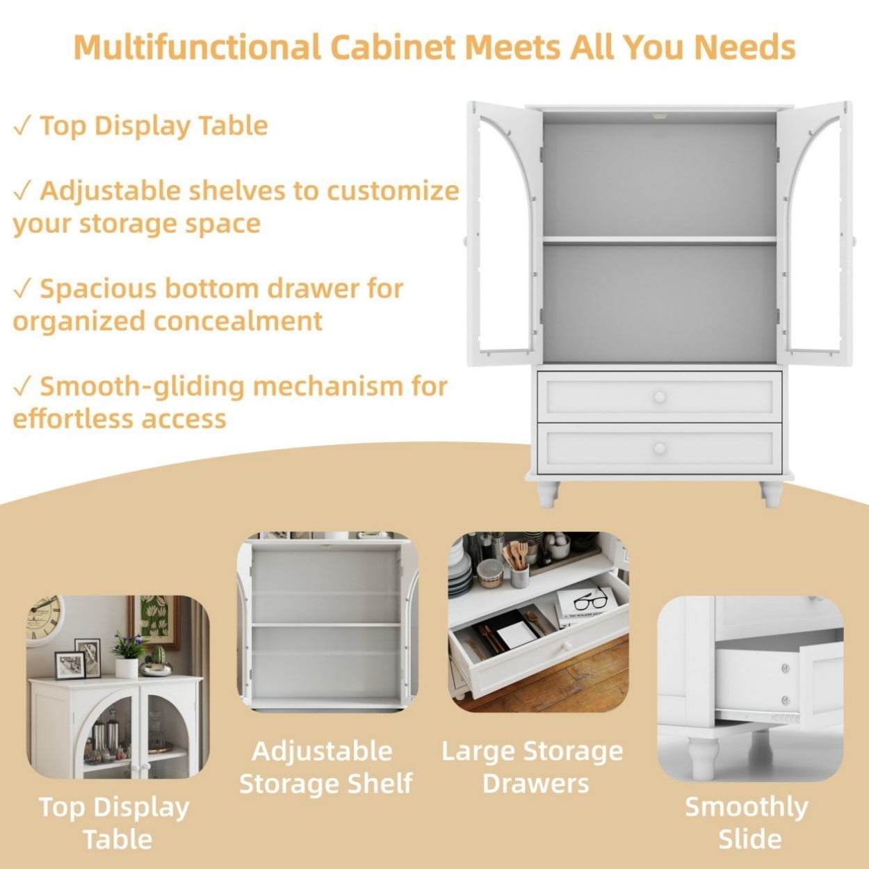 White Farmhouse Storage Cabinet, Arched Glass Door Buffet Sideboard with 2 Drawers & Tiered Top, Kitchen Pantry Cabinet for Dining Living Room Coffee Bar