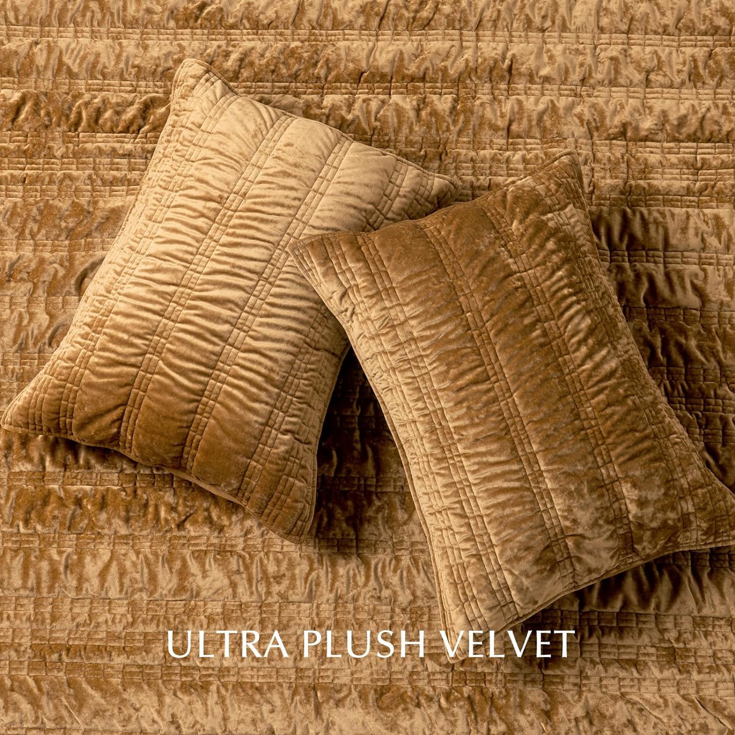 EVERGRACE Luxury Ruched Velvet Quilt King Size, Ultra Soft Bedspread Coverlet Set, Lightweight Velvet Comforter, Quilted Bedding Cover with 2 Matching Shams for All Season, Gold Yellow
