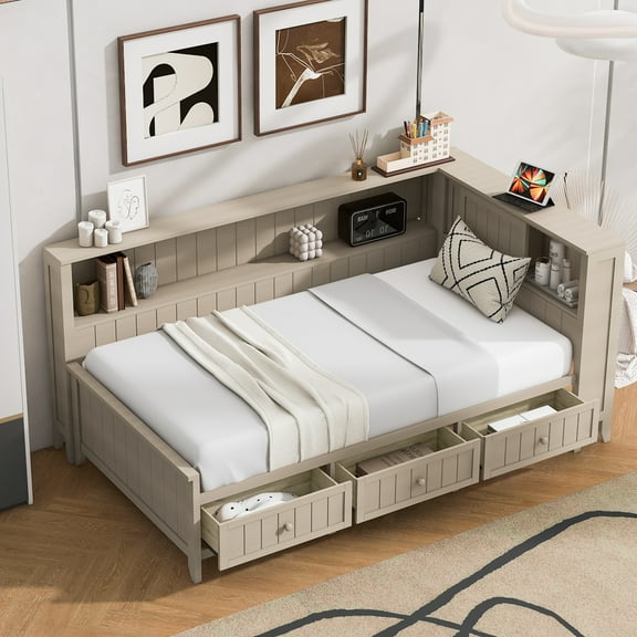 Euroco Wood Twin Size Daybed with Storage Shelves and Drawers