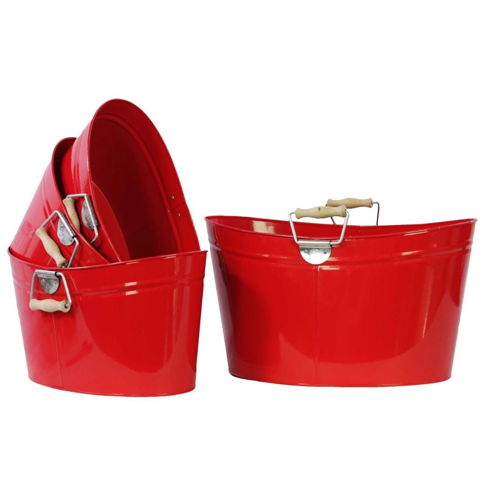 Set Of Four Metal Oval Buckets With Wood Handle Red