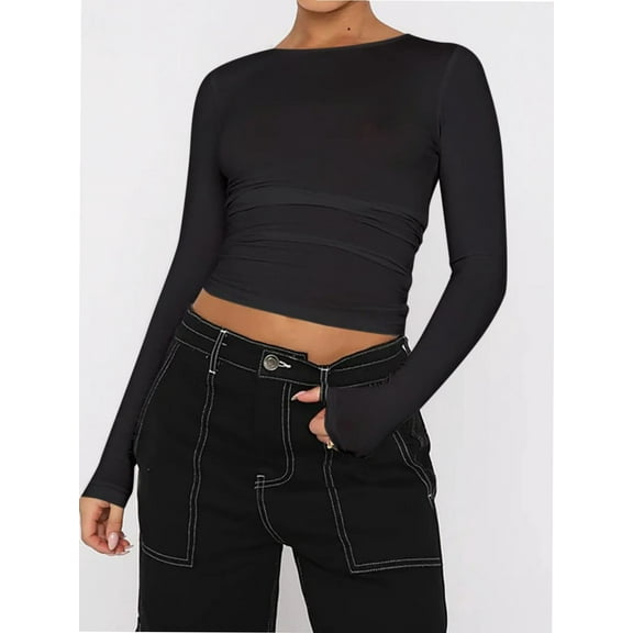 Womens Long Sleeve T Shirts Basic Scoop Neck Crop Tops Casual Slim Fitted Clothes Thermal Tee
