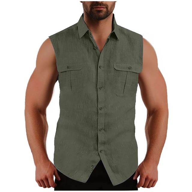 Diufon Mens Sleeveless Button Down Shirts Cotton Linen Summer Beach Vacation Basic Tank Shirts with Pockets