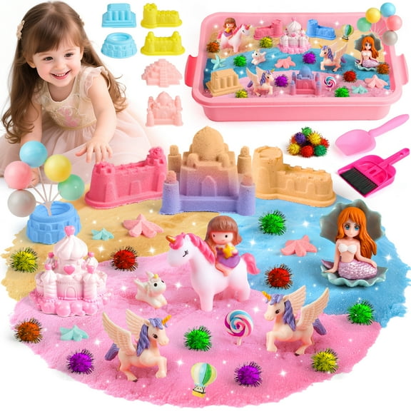 Freecat 3-Color Sensory Bin Toys for Girls, Unicorn Sensory Bins for Toddlers 3-6 with Castle Molds &Sandbox, Christmas Birthday Gift for Toddler Girls.