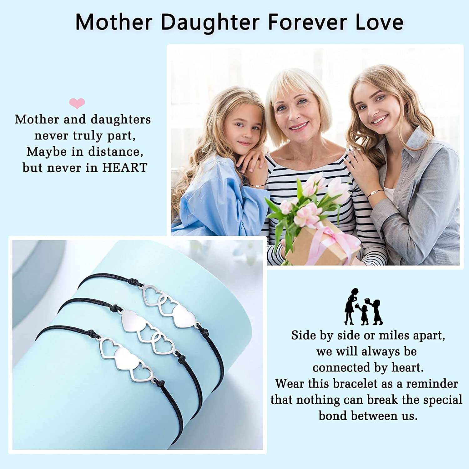 UNGENT THEM Mother Daughter Bracelets Set for 2/3 Matching Heart Wish Bracelets for Women Girls Mothers Day Christmas Gifts for Mom Daughters 