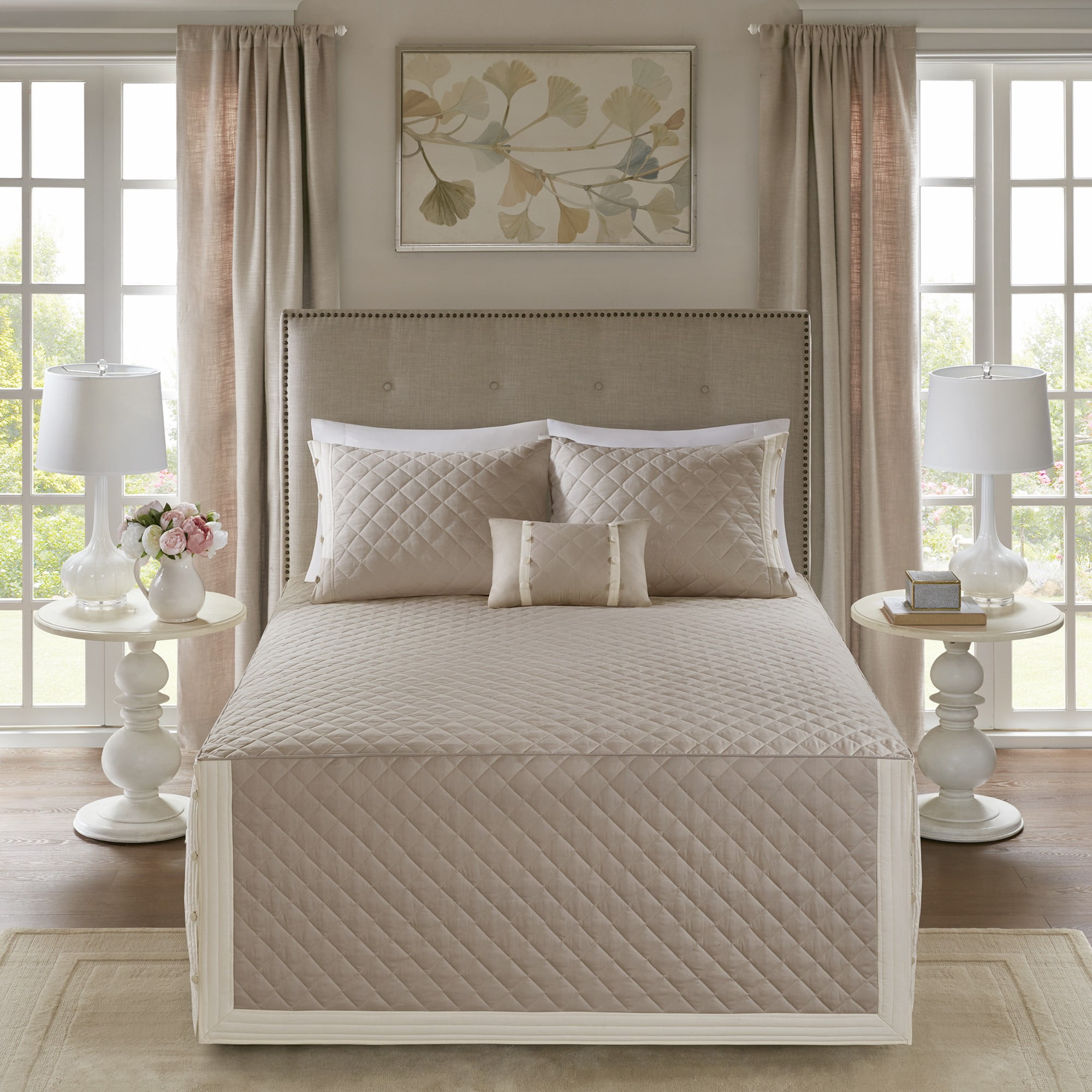 Madison Park King Breanna 4-Piece Cotton Reversible Tailored Bedspread Set, Khaki