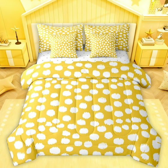 Feelyou Modern Yellow Polkadots Twin Bedding Sets 7-Piece, Chic Fashion Abstract Bedding Comforter Set, Teens Kids Adult Women Reversible Sheet Sets, Super Cozy Room Decor