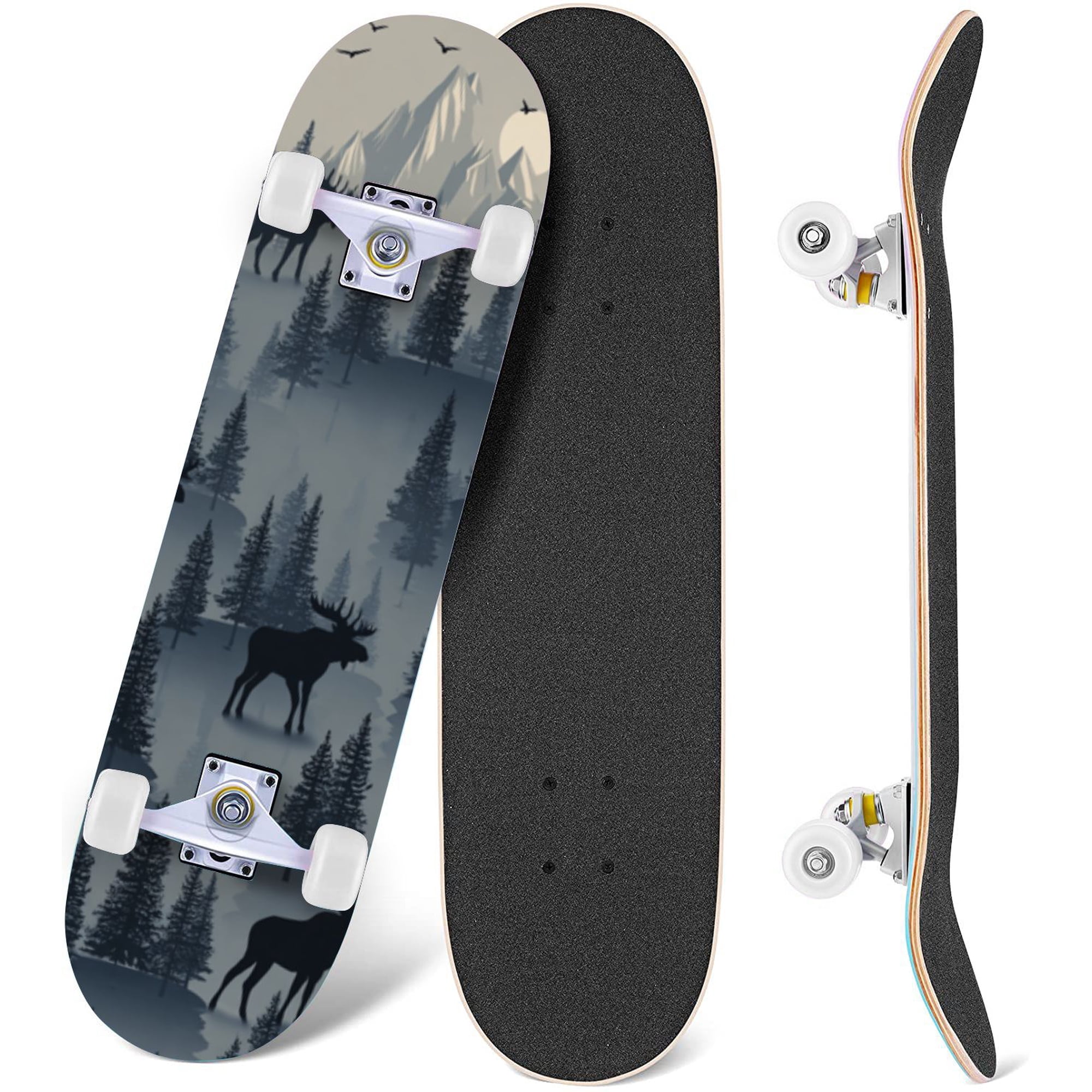 Wild Animal Rustic Cabin Bear Elk Forest 31 x 8 Complete Skateboard 7-Ply Canadian Maple Double Kick Trick Board for Kids and Beginners Adult Gifts