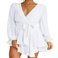 thumbnail image 1 of Robe Décontractée à Manches Longues pour Femmes, Robe Ligne A Mode Couleur Unie Bandage Taille Haute à Volants, 1 of 6