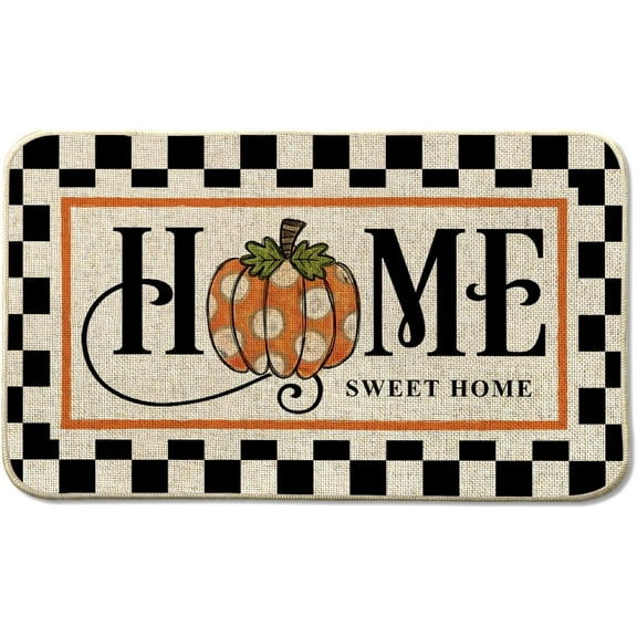 30*17inches Fall Home Sweet Home Front Door Mat Indoor Entrance , Autumn Thanksgiving Pumpkin Buffalo Plaid Check Doormat Inside Outside Entrance Home Decor
