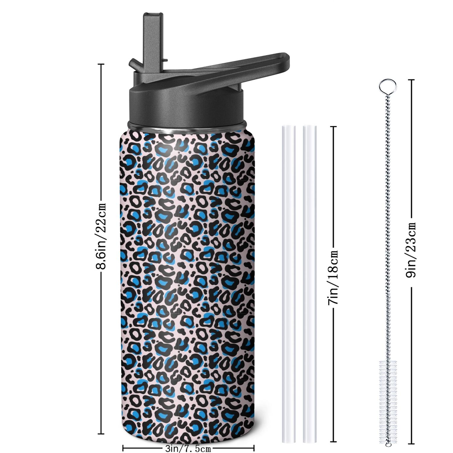 Leopard Print Insulated Stainless Steel Water Bottle with Straw & Cleaning Brush – 18 Oz | Leakproof, BPA-Free, 304 Stainless Steel, Wide Mouth, Travel Mug for Car, Gym, Office