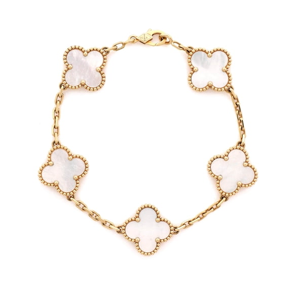 Pre-Owned Vintage Alhambra 5 Motifs Bracelet 18K Yellow Gold and Mother of Pearl By Rebag