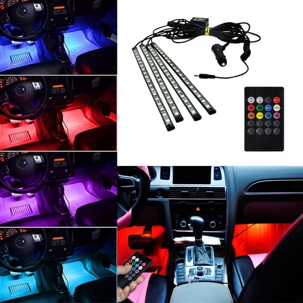 Kit de tira de luces LED decorativas para interior de coche, 4 en 1, RGB, 12 V, 18 LED, con función de activación por sonido, ajuste universal.