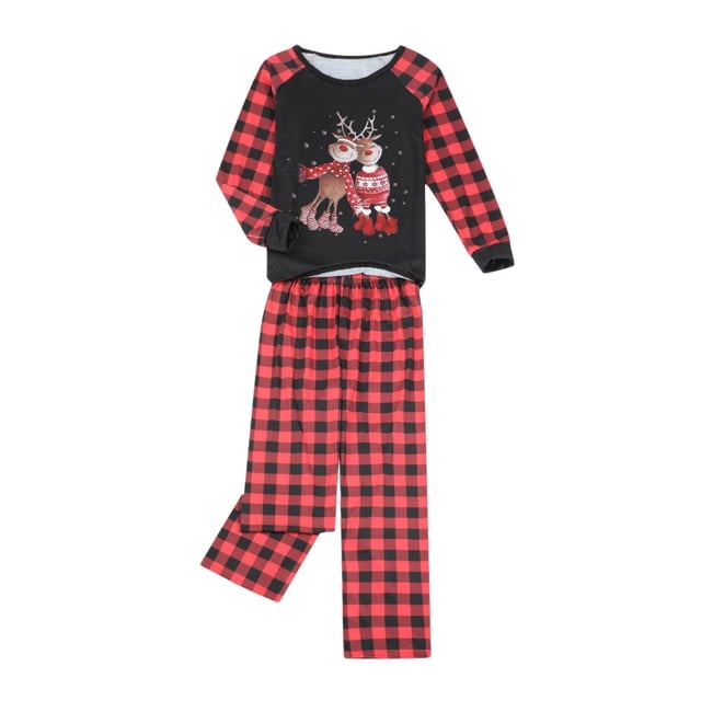 Combinaison Quotidienne à Carreaux à Taille Élastique Imprimée en Wapiti avec Col Rond et Pyjama Familial de 2 Pièces